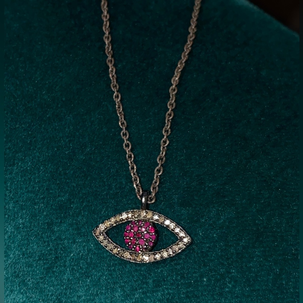 RUBY and DIAMONS darkened Silver Evil Eye pendant with necklace.